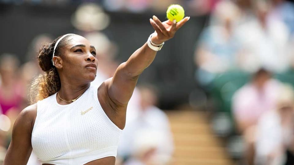 Serena Williams serves at  Wimbledon