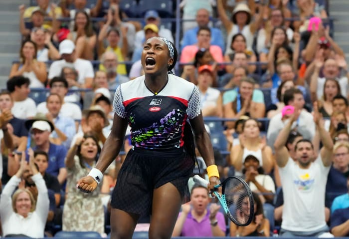 Coco Gauff celebrates at US Open