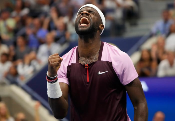 Frances Tiafoe celebrates beating Rafael Nadal at US Open