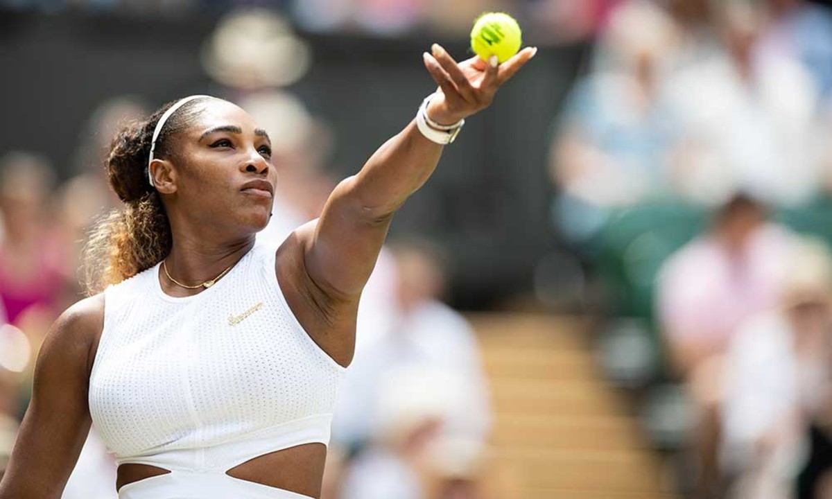 Serena Williams serves at  Wimbledon