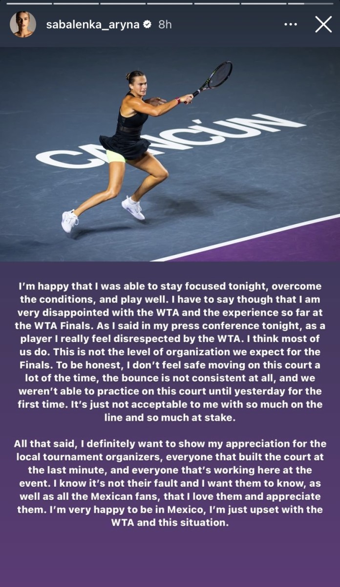 Aryna Sabalenka Reveals She Doesn T Feel Safe At Wta Finals In Cancun Despite Dominant Display